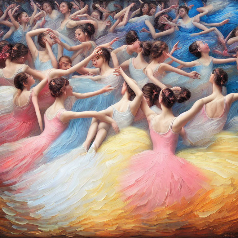 Pastel ballet dancers in swirling dance - dynamic and surreal.