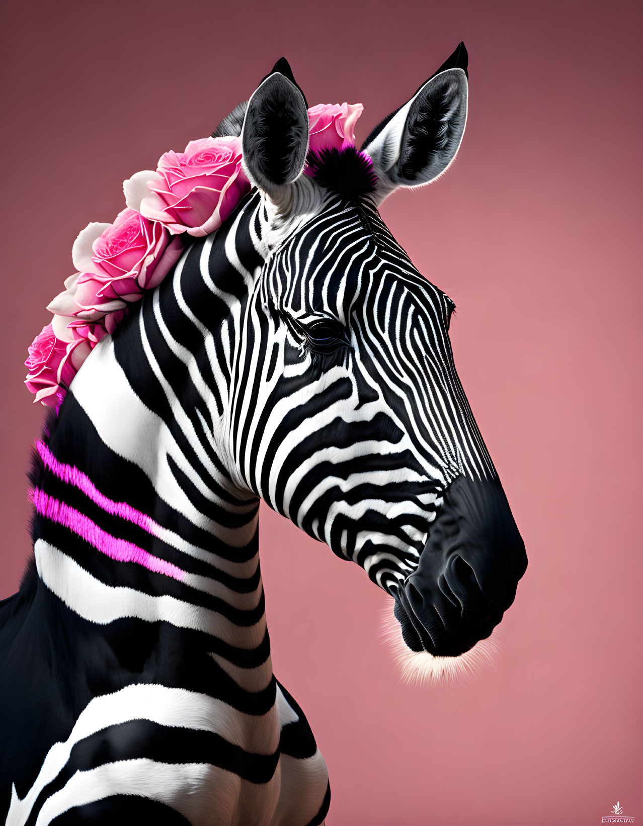 Zebra with Pink Rose-Adorned Mane on Pink Background