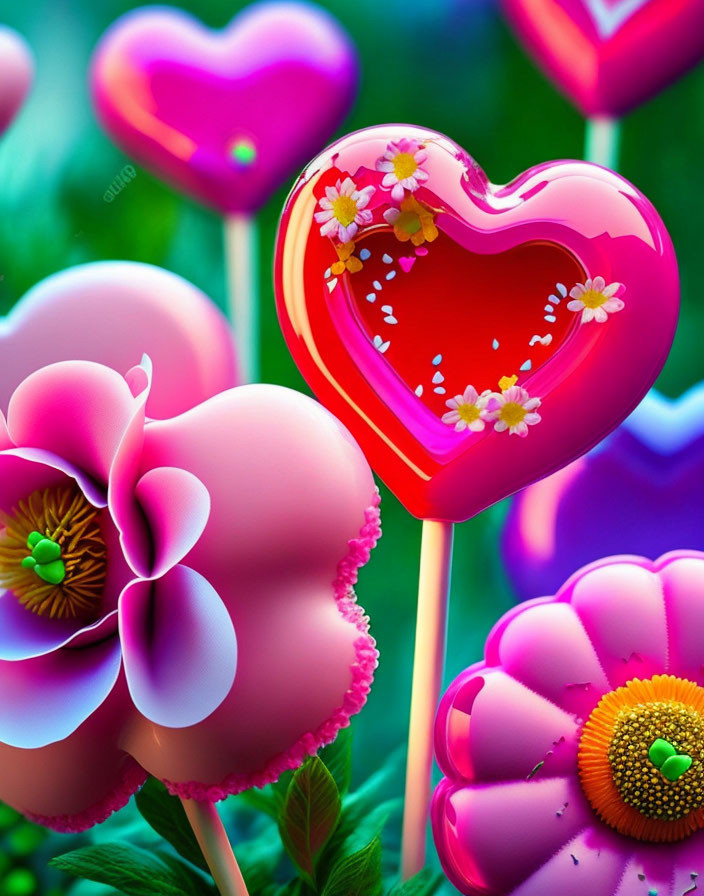 Fantasy scene with heart-shaped lollipops and vibrant flowers