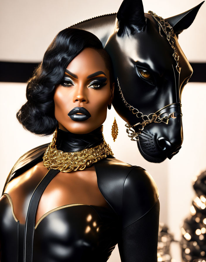 Woman in Striking Makeup and Black Outfit Poses Next to Black Panther Statue with Gold Accents