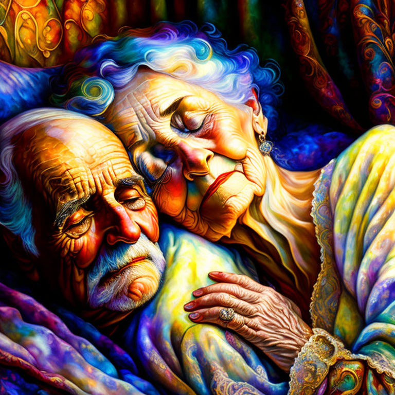 Elderly couple embraces with rich, vibrant colors