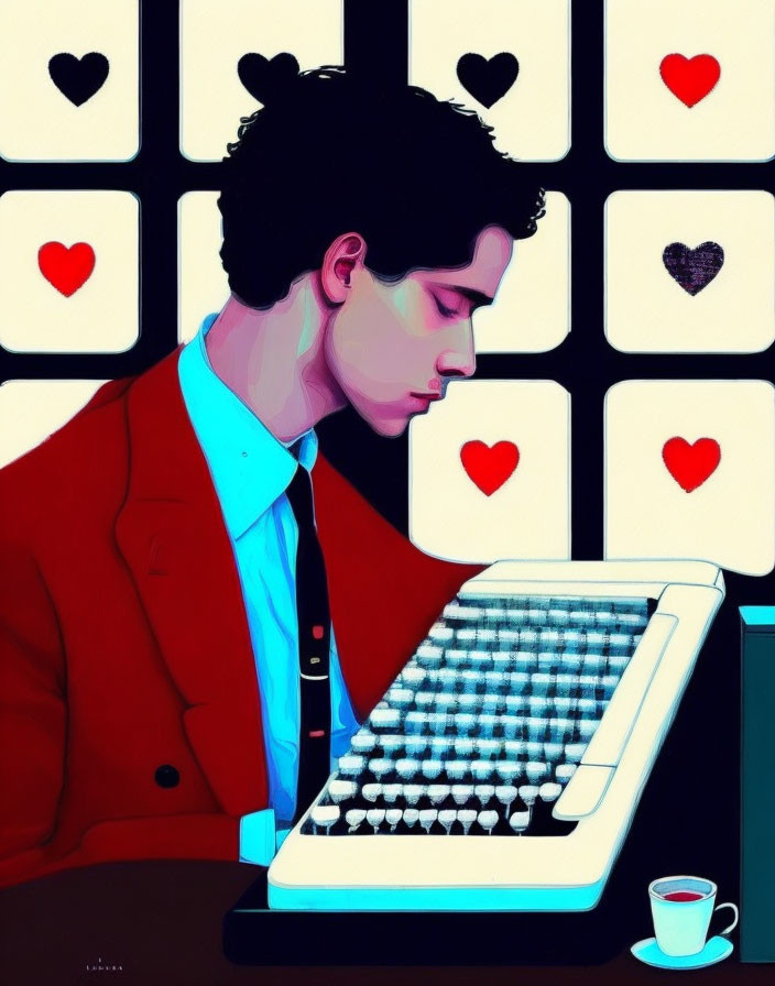 Person in red jacket typing on vintage typewriter with heart decorations and coffee cup