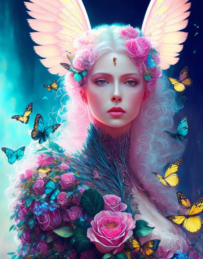 Fantastical portrait of woman with pale skin, white hair, pink ears, wings, butterflies,