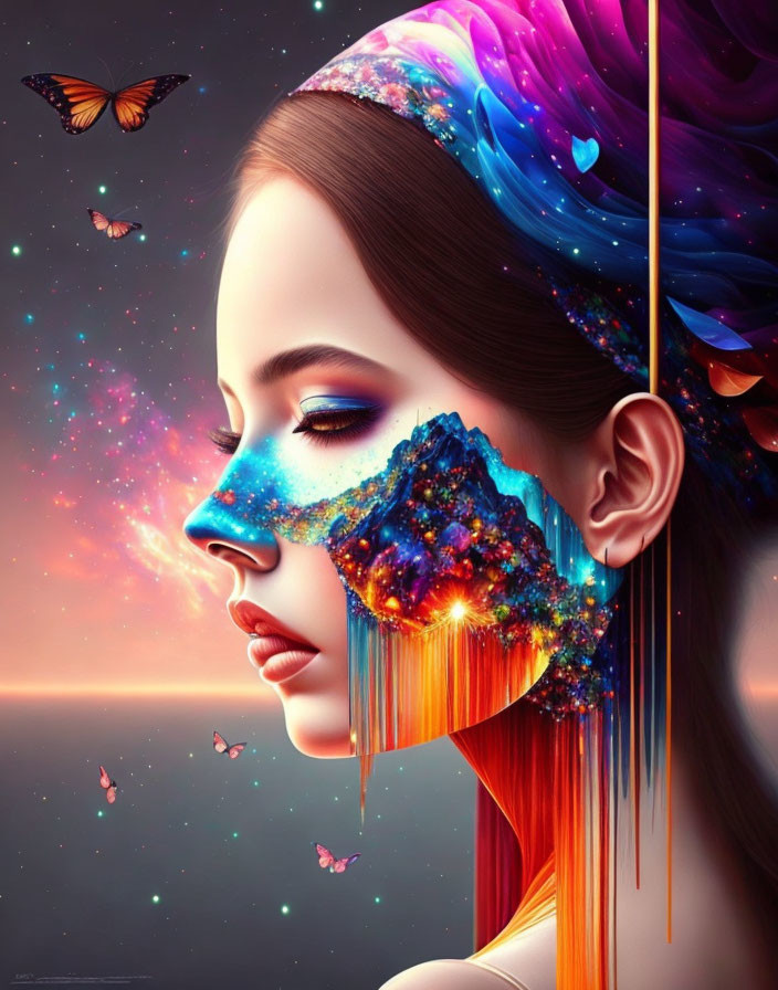 Vibrant cosmic digital artwork of a woman with galaxy face and butterflies