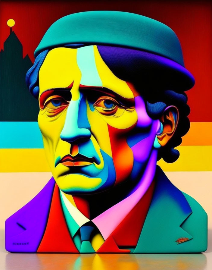 Multicolored portrait of a man in a hat against warm-toned background