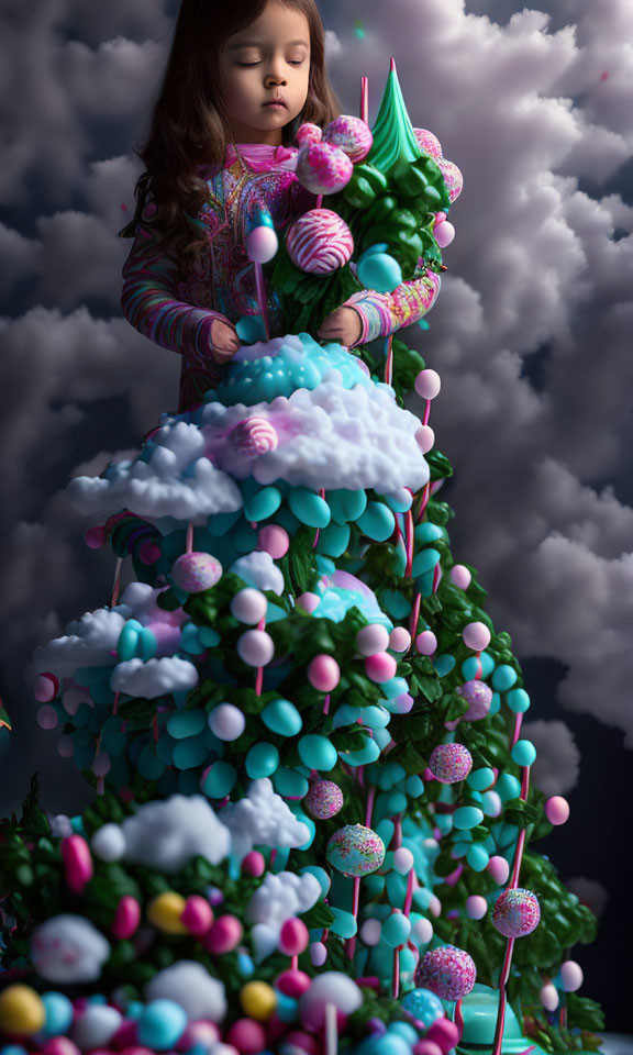 Young girl admires candle on candy-themed Christmas tree under cloudy sky