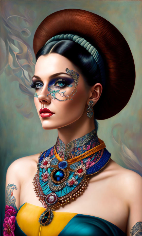 Illustrated woman with dramatic makeup, ornate necklace, and arm tattoo on soft background