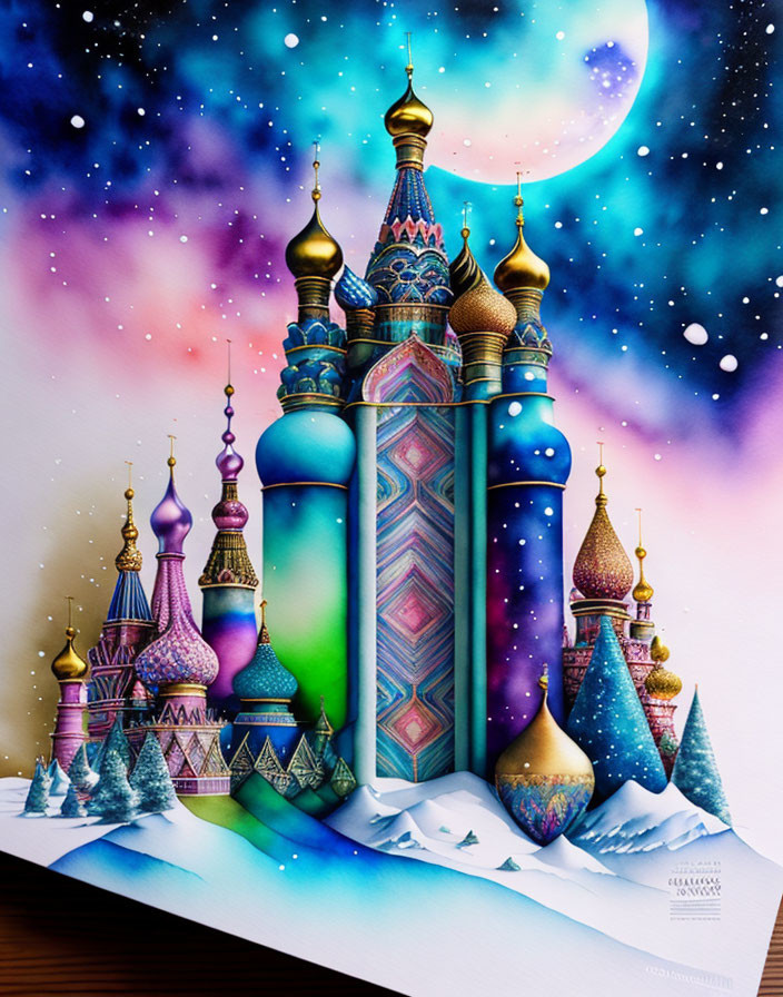 Colorful Pop-Up Castle Art: Fantastical Design Against Starry Night Sky