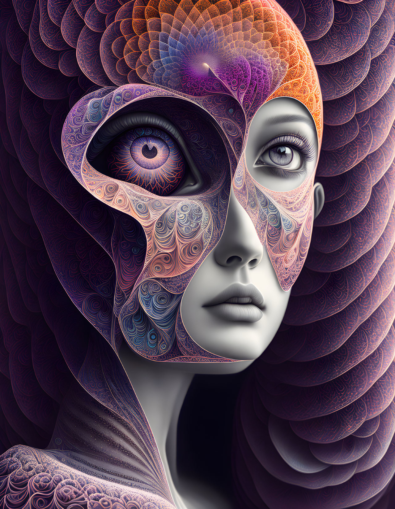 Colorful surreal digital artwork of a woman's face with intricate patterns.