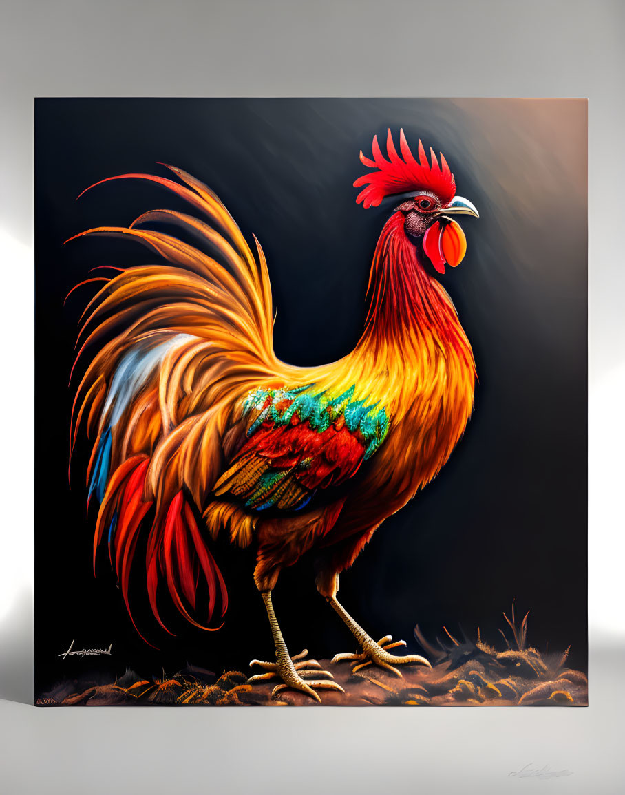 Colorful Rooster Digital Artwork with Red Crest & Multicolored Feathers