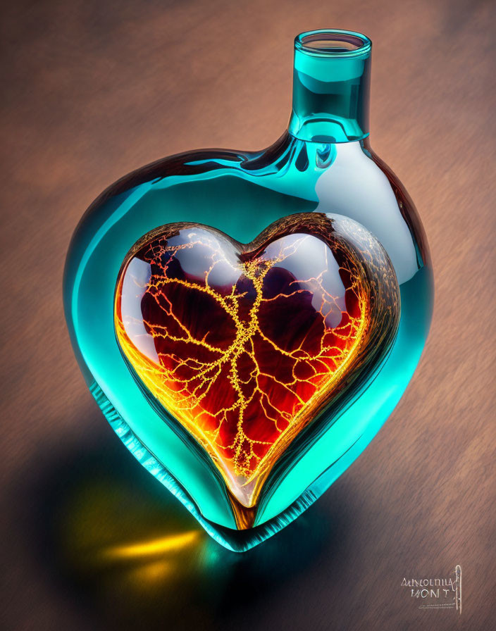 Blue Heart-Shaped Glass Bottle with Golden Pattern