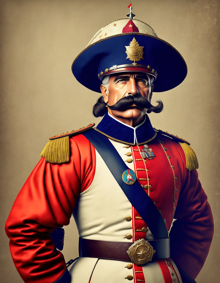 Vintage military uniform with stern man and colorful decorations