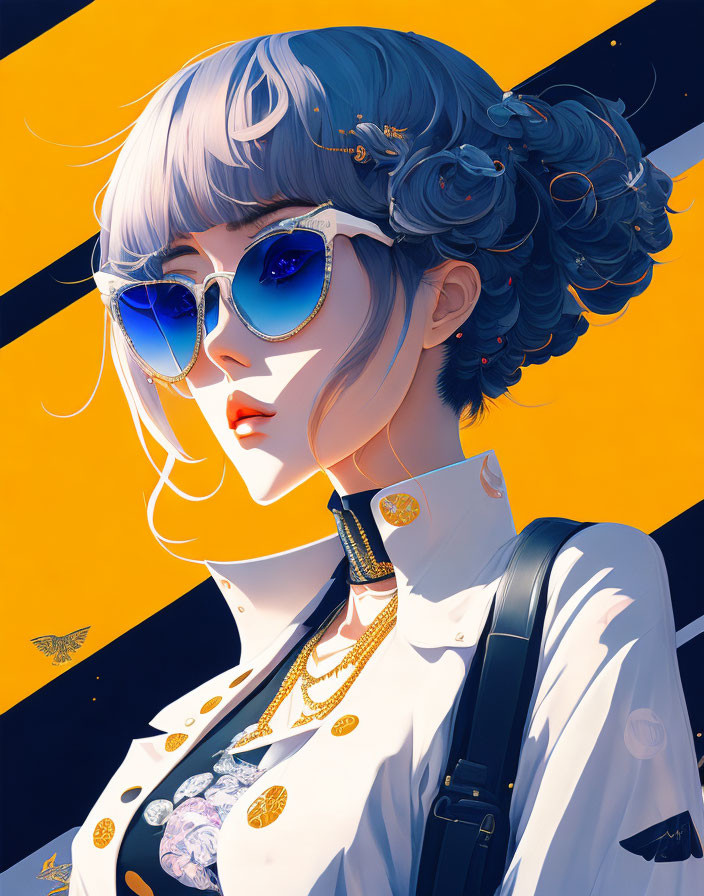 Woman with Blue Hair and Sunglasses in Stylized Illustration