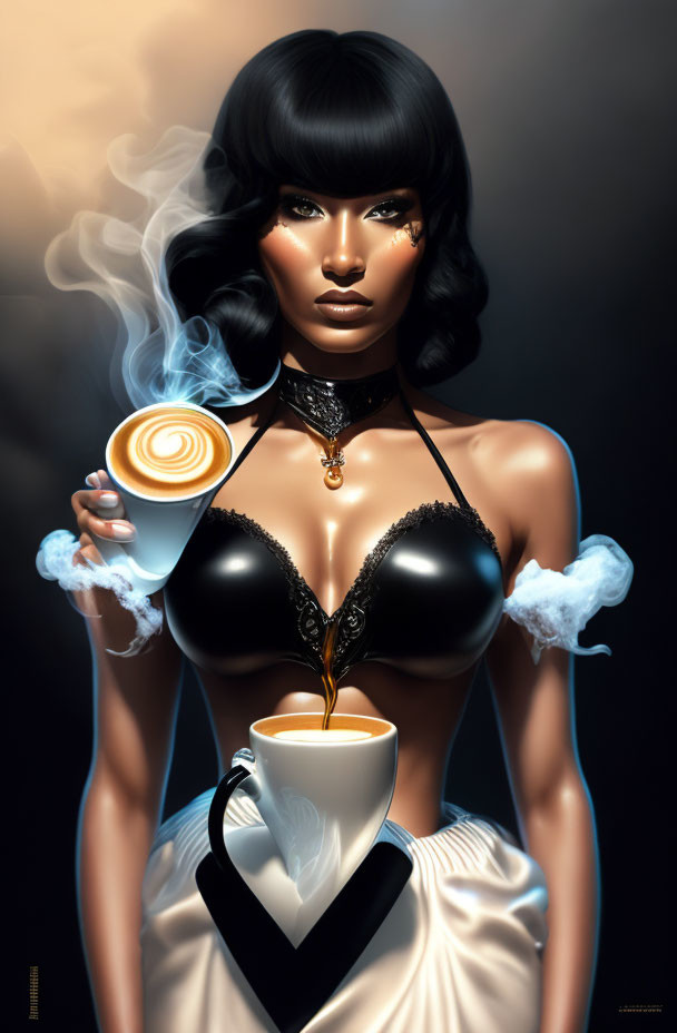 Hyper-realistic digital artwork: Woman with stylized makeup holding steaming cup pouring coffee into another cup