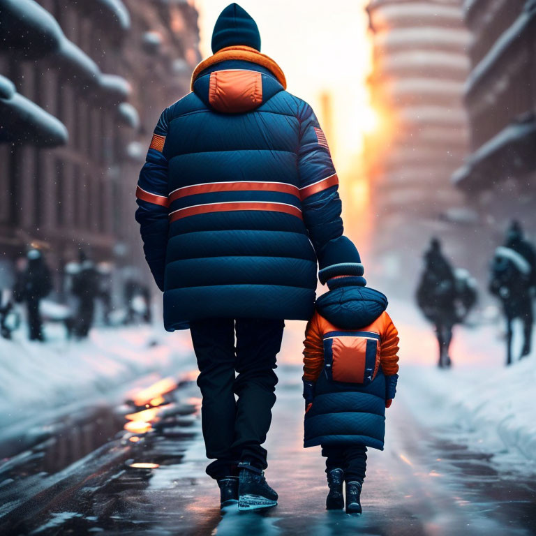 Pair in matching jackets strolling snowy street at sunset