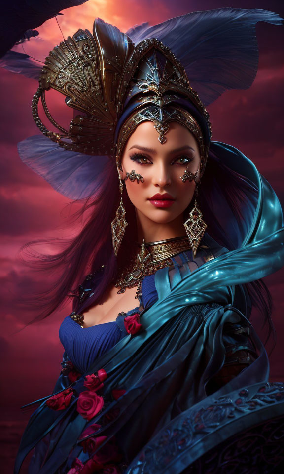 Elaborate Fantasy Headdress and Blue Garment Against Red Sky