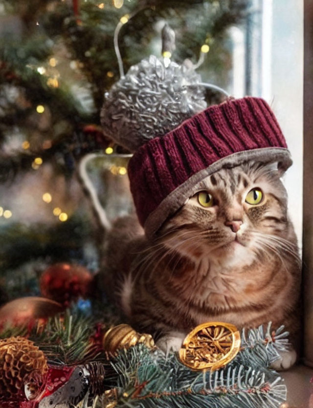 Tabby Cat in Red Knit Hat with Christmas Tree and Decorations