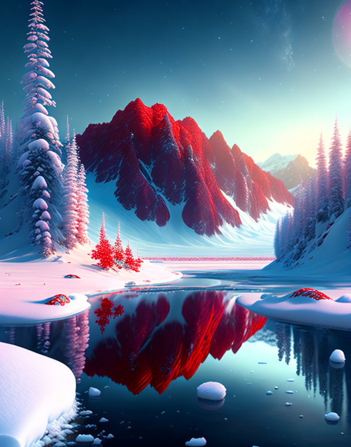 Snow-covered trees and mountains reflected in a still lake at twilight