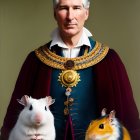 Digitally Altered Portrait of Man with White Hair and Hamsters