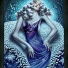 Illustrated Woman with Silver Hair and Purple Dress Amid Blue and White Waves