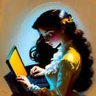 Illustration of woman with voluminous hair reading glowing book