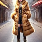 Digital artwork: Woman with feline ears in gold-trimmed coat on urban street