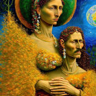 Digital Artwork: Two Women in Renaissance Attire with Space and Sunflowers