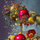 Festive Christmas arrangement with red and gold baubles and celestial background