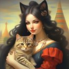 Surreal illustration: Woman with cat-like features embracing tabby cat in autumnal Paris with E