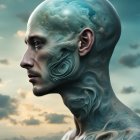 Humanoid profile with cyborg features against cloudy sky and calm sea.