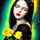 Surreal artwork of pale-skinned female figure with wide eyes and red lips surrounded by colorful floral