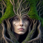 Woman's Face Framed by Wooden Hands and Branches with Green Moss