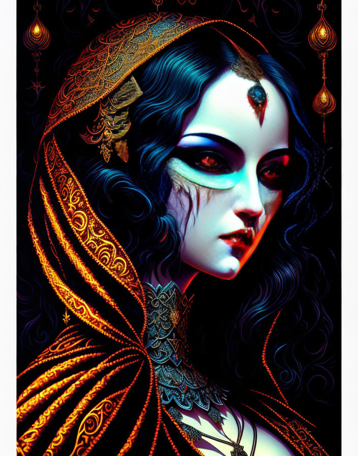 Digital artwork features woman with ornamental tattoos and golden headpiece in dark background.