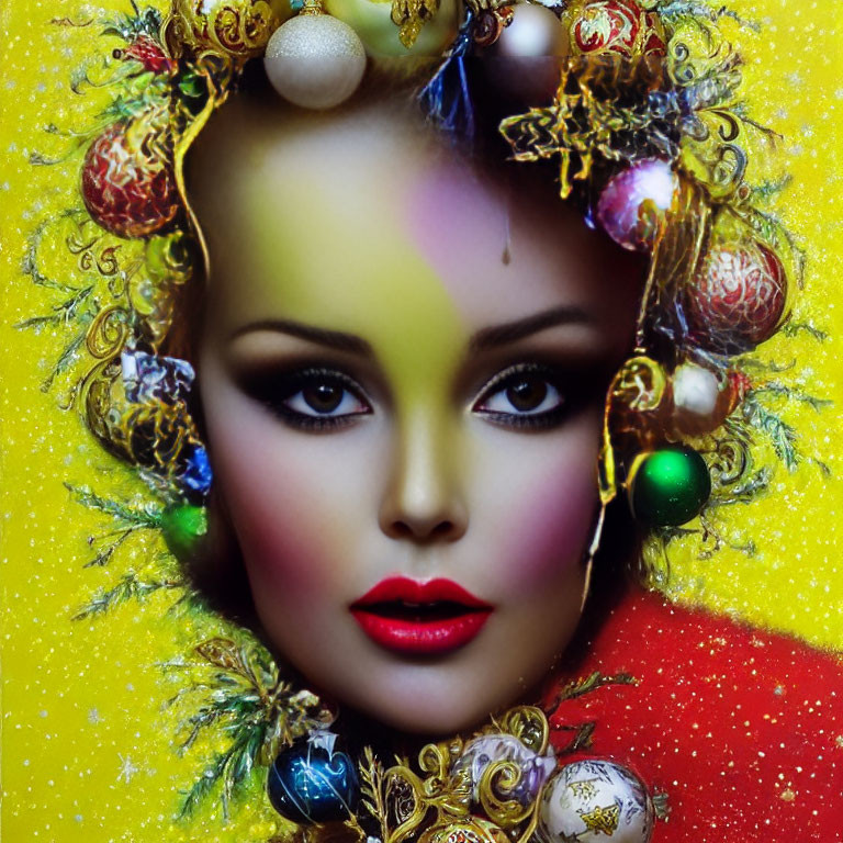 Colorful makeup and Christmas ornament headpiece on woman's face against glittery yellow backdrop