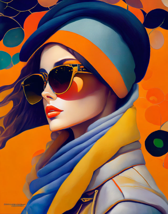 Stylized woman with trendy accessories on orange backdrop