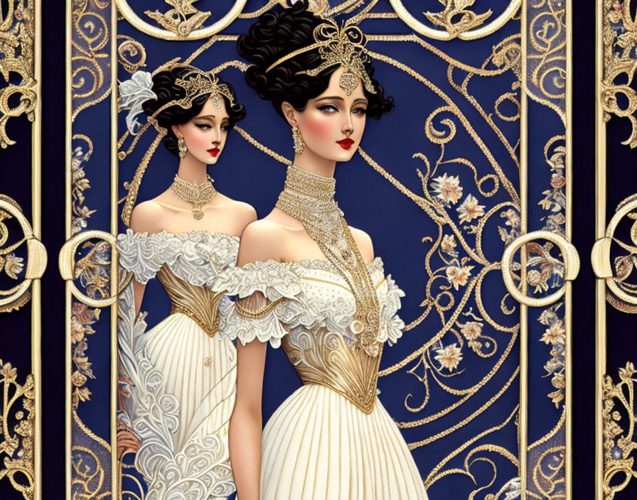 Illustrated women in white and gold Victorian dresses on dark blue background