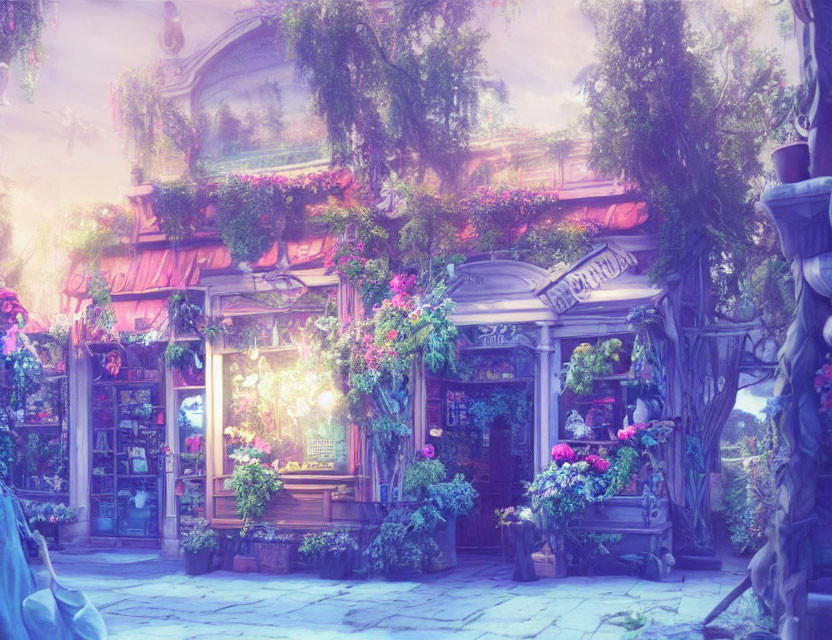 Whimsical flower shop illustration with vibrant plants and classical architecture