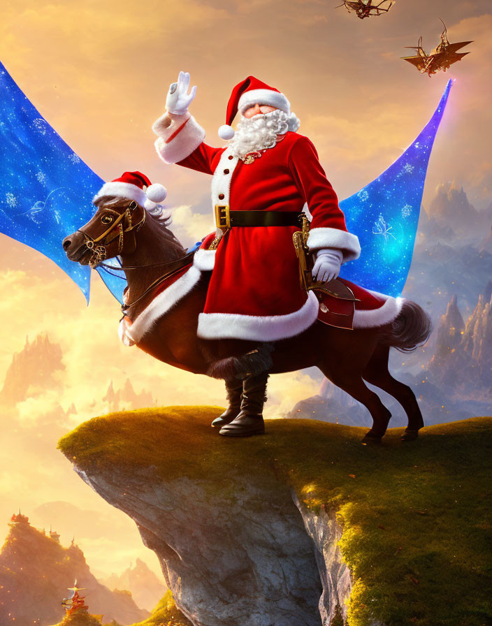 Santa Claus in Red Suit with Flying Reindeer on Cliff at Surreal Sunset