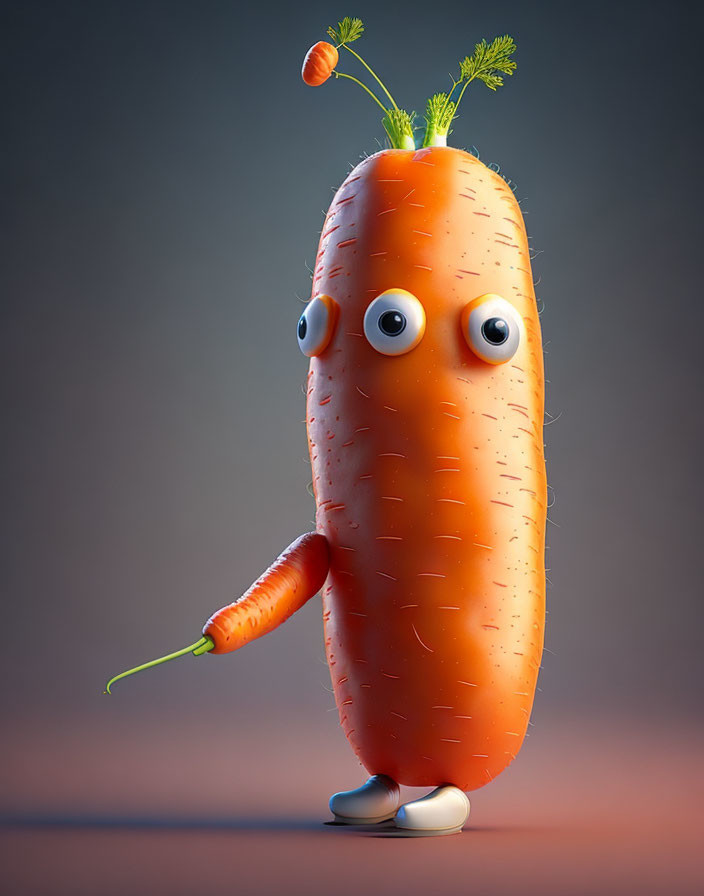 Anthropomorphic Carrot with Small Carrot on Gradient Background