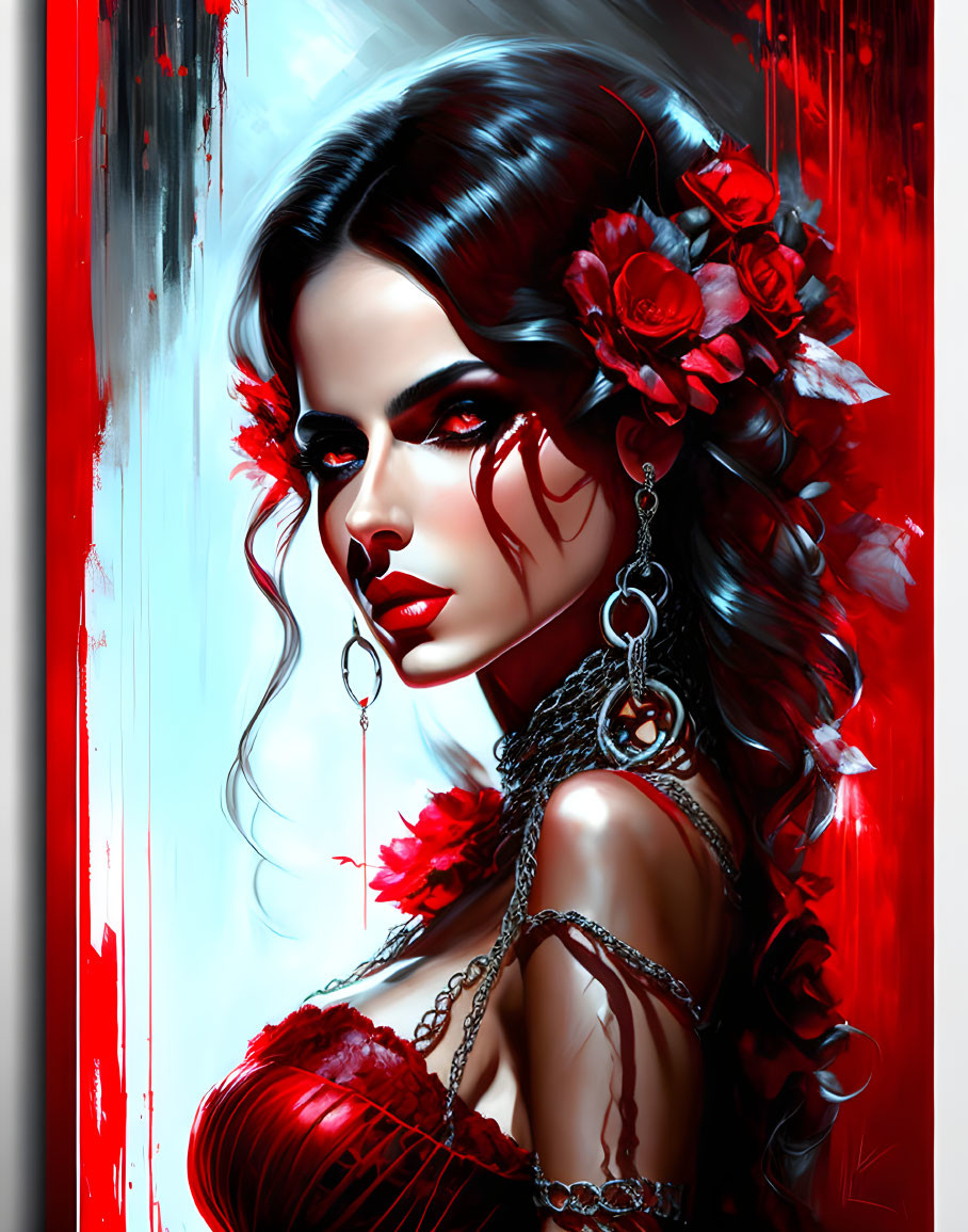 Digital portrait of a woman with red flowers and earrings on red and white backdrop