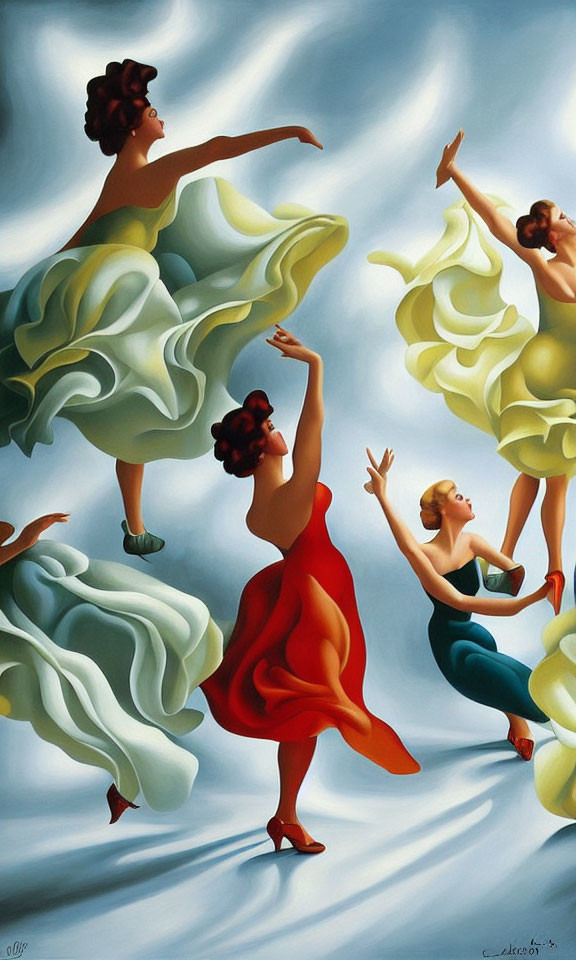 Stylized dance scene with three women in flowing dresses