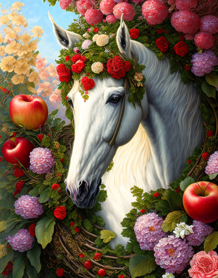 White Horse with Floral Head Wreath Among Vibrant Flowers and Red Apples