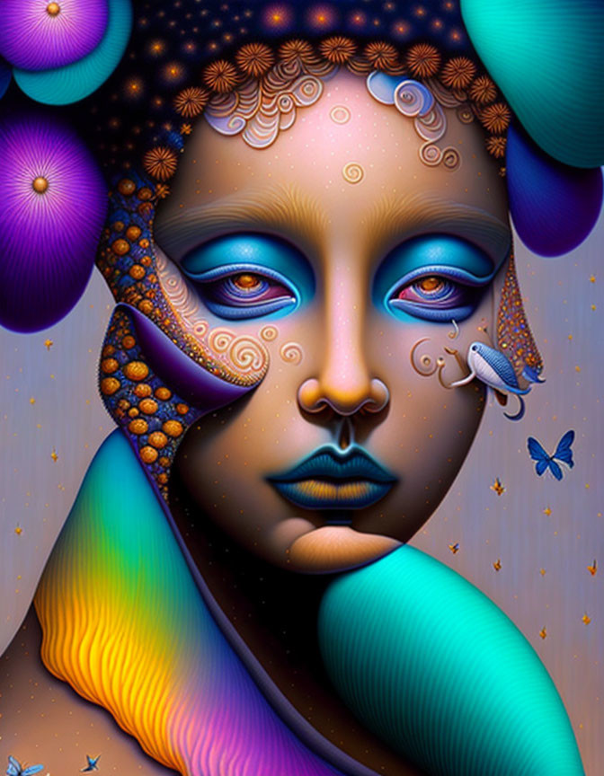 Colorful surreal portrait with intricate patterns and butterfly.