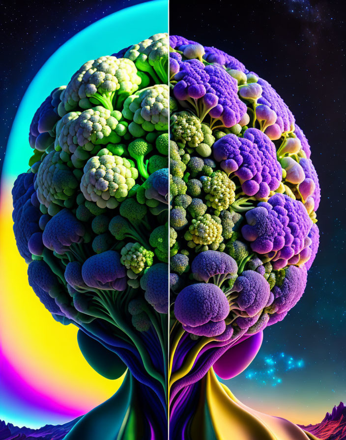 Digital artwork of broccoli split in half, one natural green, the other purple, set in cosmic background