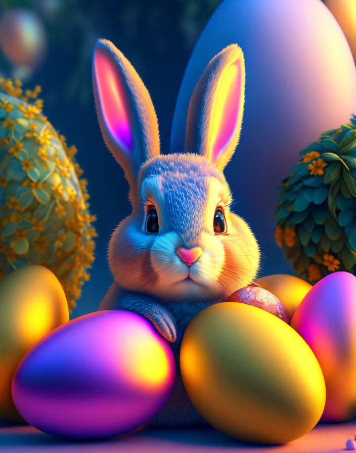 Stylized cute animated bunny with Easter eggs and greenery