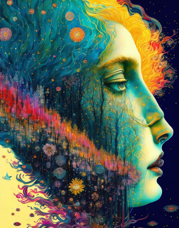 Colorful profile illustration with cosmic theme: head merges into starry sky, hair transforms into forest and