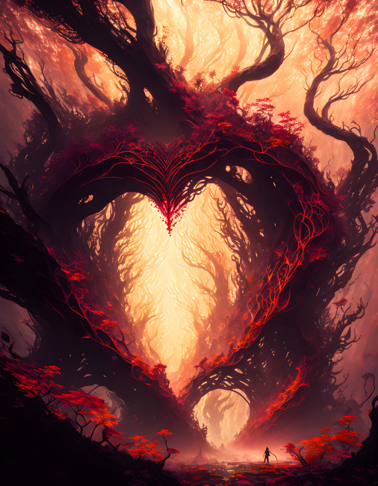 Massive heart-shaped tree canopy in mystical red forest landscape