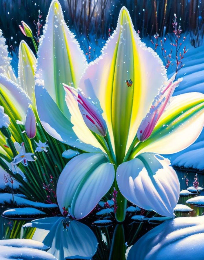 Snowy Twilight Landscape with White and Green Lily Blooms