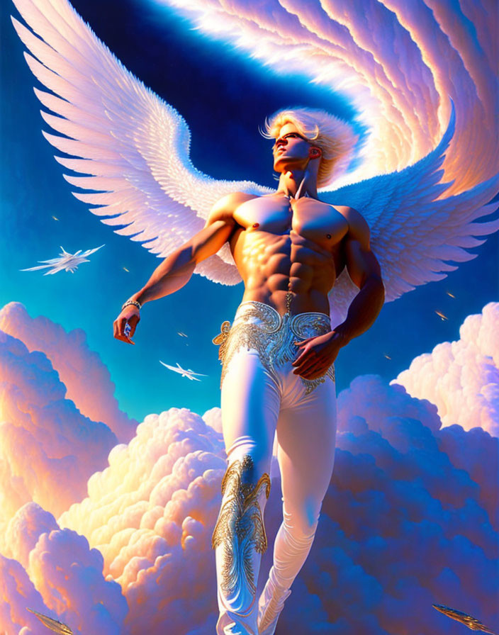 Muscular winged male in white attire soaring above clouds