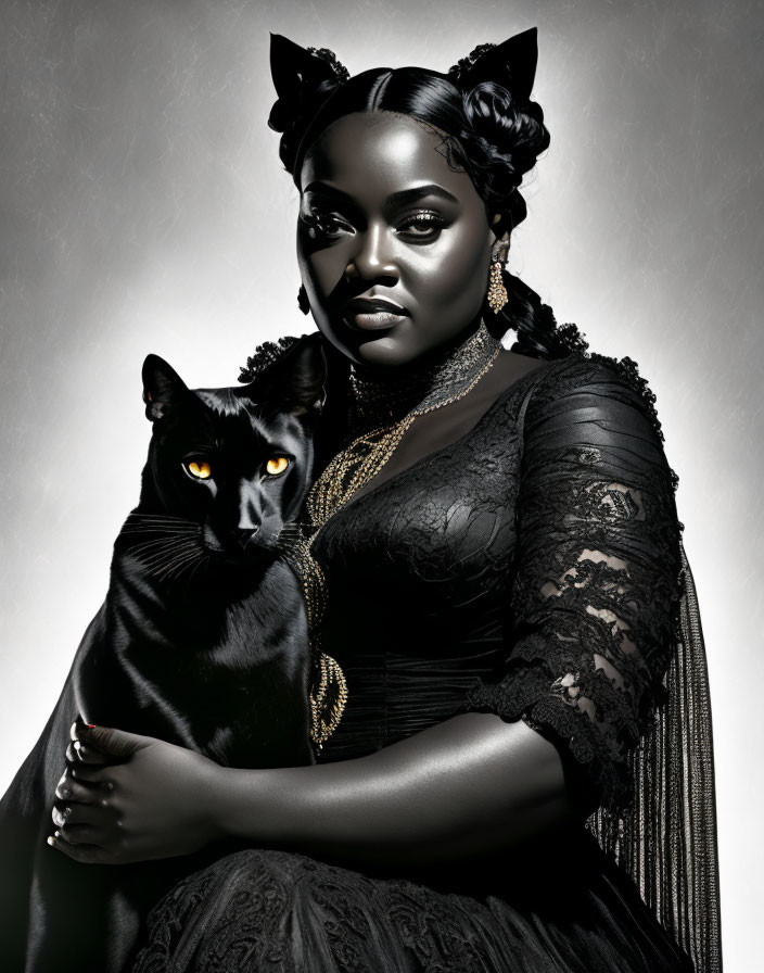 Woman in Black Lace Dress Holding Black Cat with Yellow Eyes